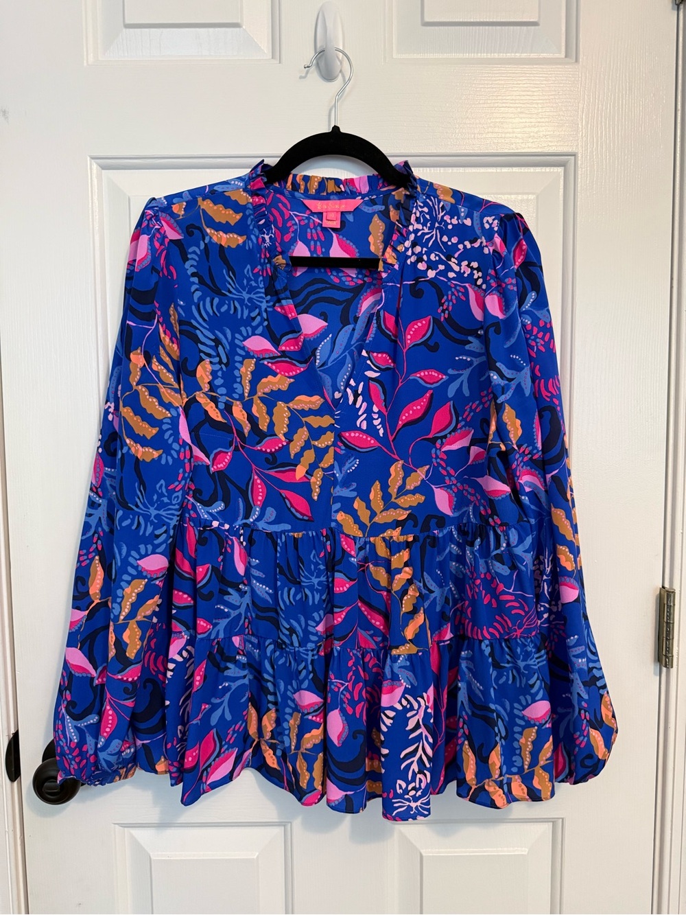 Lilly Pulitzer Sarita Long Sleeve Top in “Borealis Blue Absolute Purrfection”